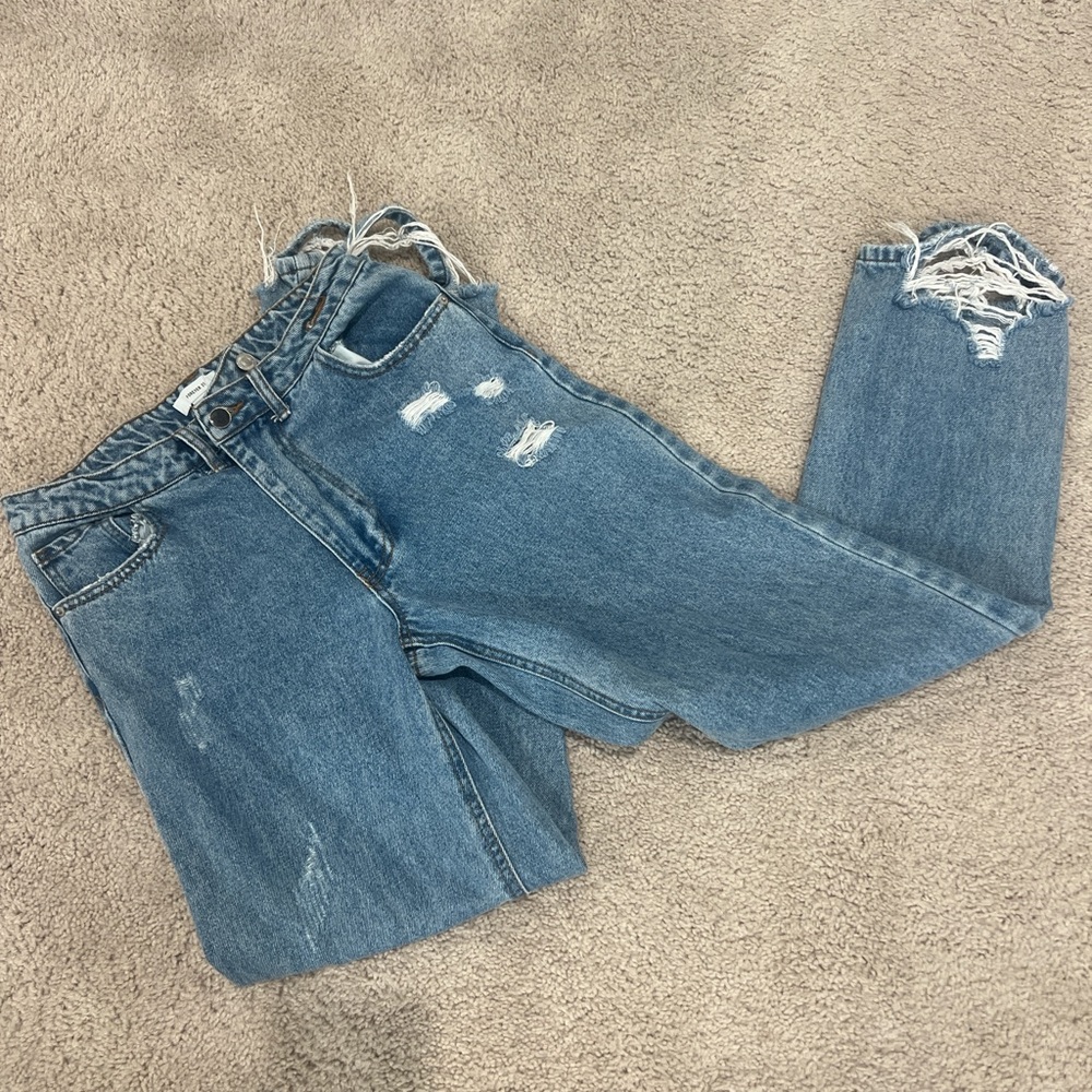 Blue Boyfriend Jeans with Distressed Details